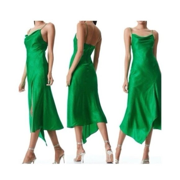 Alice + Olivia Harmony Draped Silk Slip Dress Womens 4 Green Bias Designer Luxe - Picture 1 of 8